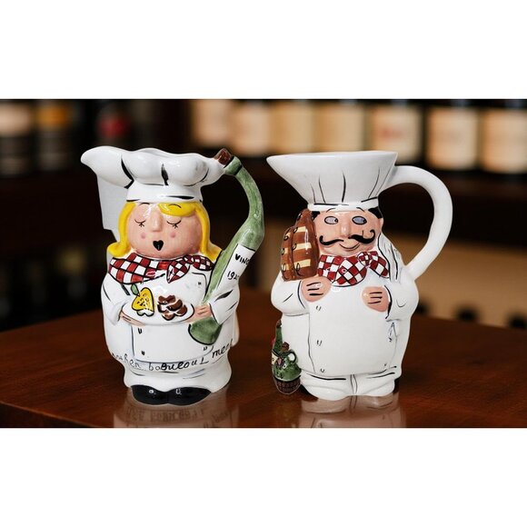 vintage fat chef pair of woman and man chef 32oz.ea ceramic pitchers. - Picture 3 of 11